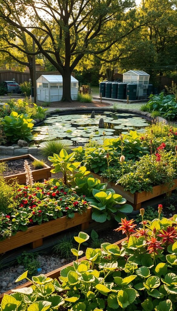 A lush, thriving garden ecosystem designed for maximum food production and self-sustainability. In the foreground, raised garden beds brimming with a diverse array of vegetables, herbs, and companion plants, their leaves and blooms swaying gently in a soft breeze. In the middle ground, a serene pond teeming with aquatic life, its surface reflecting the dappled sunlight filtering through the canopy of mature fruit trees. In the background, a neatly organized series of composting stations, rainwater collection systems, and a small greenhouse, all working in harmony to create a closed-loop, self-sustaining landscape. The scene is bathed in warm, golden light, conveying a sense of abundance, tranquility, and the rhythm of nature.