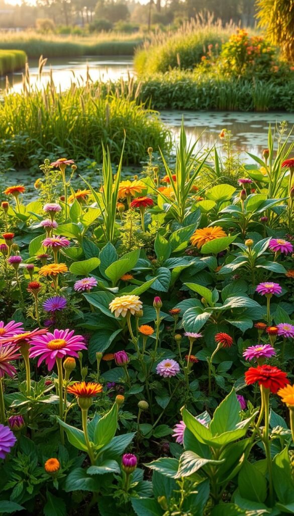 A lush, thriving garden oasis teeming with diverse plant life and bustling with beneficial insects. In the foreground, a profusion of vibrant flowers and verdant foliage, their shapes and colors in perfect harmony. The middle ground reveals a variety of vegetable plants, their leaves glistening with dew. In the background, a tranquil pond reflects the sky, surrounded by tall grasses and a scattering of trees. Warm, soft lighting bathes the scene, creating a serene, natural atmosphere. The entire ecosystem is in balance, a testament to the power of a chemical-free approach to gardening.