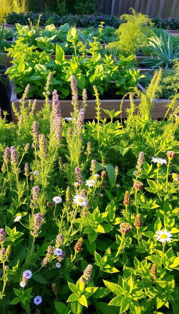 A lush, thriving herb garden with an abundance of culinary and medicinal plants. In the foreground, an array of vibrant green leaves and delicate flowers - rosemary, thyme, lavender, and chamomile. In the middle ground, bushy sage, oregano, and peppermint plants sway gently in a soft breeze. The background features a well-tended raised bed filled with rows of leafy greens, such as kale and Swiss chard, along with towering stalks of fragrant fennel and dill. The scene is bathed in warm, golden sunlight, casting long shadows and creating a serene, tranquil atmosphere. The overall composition conveys the garden's versatility, utility, and natural beauty.