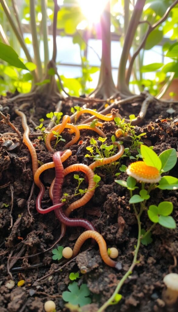 A lush, thriving soil ecosystem teeming with life, captured in intricate detail. Vibrant earthworms, fungi, and a diversity of microorganisms thrive in the rich, loamy soil, a testament to the power of organic gardening practices. Sunlight filters through the overhead canopy, casting a warm glow on the scene. Roots of native plants intertwine, creating a interconnected web of life. The image conveys the transformative potential of a patio space, where urban dwellers can cultivate a self-sustaining, environmentally-conscious garden.