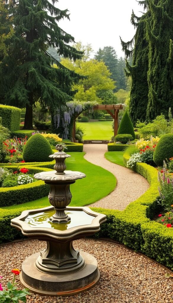 A lush traditional English garden, filled with classic elements. In the foreground, an ornate stone fountain bubbles peacefully, surrounded by neatly pruned boxwood hedges and vibrant seasonal flowers. The middle ground features a winding gravel path leading past a charming wooden pergola, draped with climbing roses and wisteria. In the background, a carefully manicured lawn is punctuated by tall, stately trees casting soft, dappled light. The overall scene exudes a sense of timeless elegance and tranquility, inviting the viewer to step into this quintessential English garden oasis.