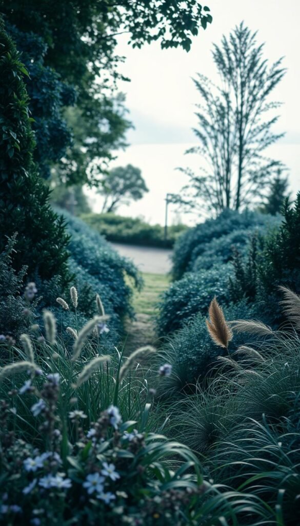 A lush, tranquil blue foliage garden design, bathed in soft, diffused natural light. In the foreground, a tapestry of diverse blue-hued plants - from delicate perennial flowers to ornamental grasses with graceful, flowing fronds. The middle ground features a gently winding path, bordered by an abundance of leafy blue shrubs and small trees, casting deep, moody shadows. In the background, a hazy, out-of-focus view of a serene body of water, reflecting the cool tones of the sky. The overall scene evokes a sense of calm, introspection, and a connection to the natural world.