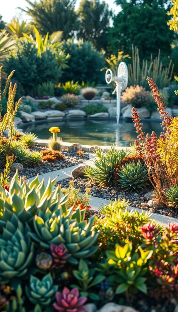 A lush, tranquil eco-garden showcasing the fundamentals of water-wise landscaping. In the foreground, a variety of drought-tolerant succulents and native plants thrive, their vibrant colors and intricate textures creating a captivating visual display. The middle ground features a well-designed, efficient drip irrigation system, gently watering the plants without waste. In the background, a serene pond or water feature reflects the clear sky above, creating a sense of harmony and balance. The lighting is soft and natural, casting warm, golden hues that accentuate the garden's sustainable aesthetic. The overall scene conveys a peaceful, eco-friendly atmosphere, inspiring viewers to explore the principles of water-wise gardening.
