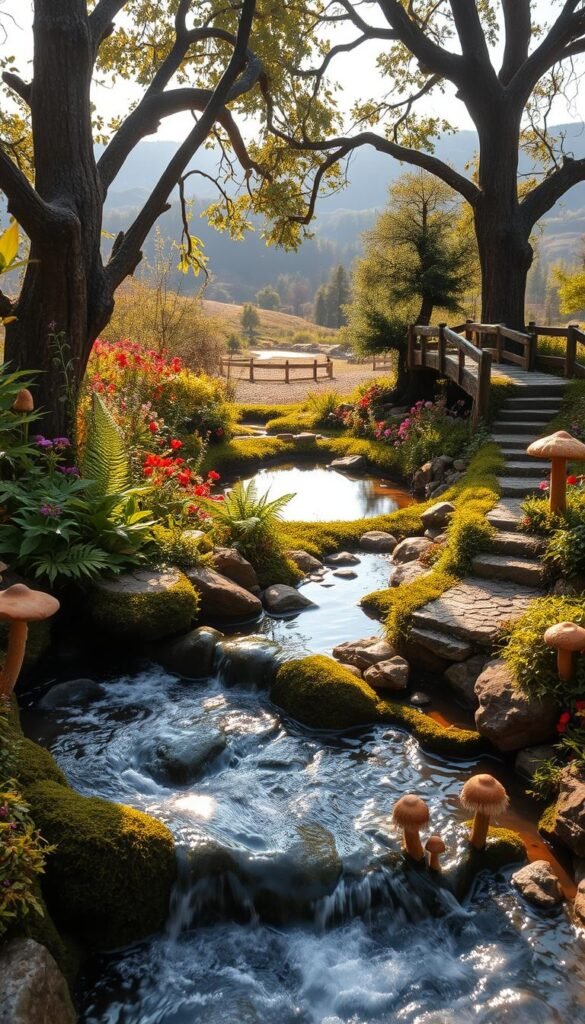 A lush, tranquil fairy garden with a captivating water feature. In the foreground, a gently flowing stream cascades over mossy rocks, creating a soothing ambiance. Surrounding it, delicate ferns, enchanting mushrooms, and vibrant wildflowers paint a whimsical scene. In the middle ground, a small pond reflects the dappled sunlight filtering through the canopy of ancient trees. Weathered wooden bridges and ornate stone pathways wind through the enchanted landscape, inviting exploration. The background showcases rolling hills and a distant forest, creating a sense of depth and harmony. Soft, warm lighting casts a magical glow over the entire fairy garden, evoking a dreamlike atmosphere.