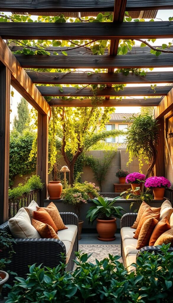 A lush, tranquil outdoor living space with a stylish pergola canopy casting soft shadows over a cozy seating area. The scene features a blend of natural textures, from weathered wood beams to plush, earthy-toned cushions. Vibrant potted plants and trailing vines adorn the pergola, creating a serene, verdant oasis. Warm, diffused sunlight filters through the pergola, casting a gentle glow and inviting a sense of relaxation. The overall composition suggests a harmonious fusion of form and function, where comfort and aesthetic appeal converge to craft the perfect retreat for an outdoor oasis.