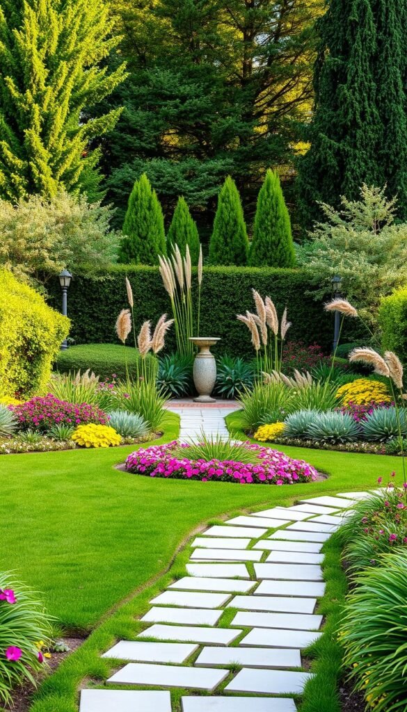 A lush, triangular garden filled with vibrant greenery and architectural elements. In the foreground, a winding path of smooth stones leads through a neatly trimmed lawn, surrounded by carefully arranged flower beds in shades of pink, purple, and yellow. The middle ground features a focal point, such as a small water feature or a sculptural piece, framed by tall, swaying ornamental grasses. In the background, a mix of evergreen shrubs and trees create a natural, secluded atmosphere, casting warm, dappled light across the scene. The overall composition emphasizes the unique triangular shape, with clean lines and a harmonious balance of colors, textures, and forms.