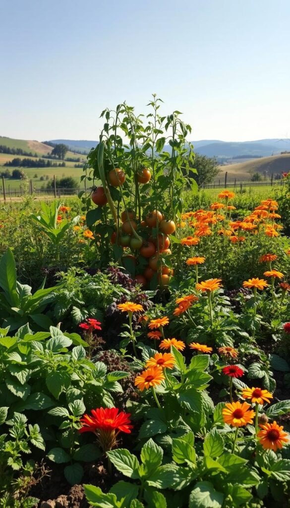 A lush vegetable garden filled with vibrant companion planting combinations. In the foreground, a variety of leafy greens, herbs, and root vegetables thrive in harmonious arrangements, their colors and textures complementing each other. In the middle ground, tall, healthy tomato plants intertwine with climbing beans, their vines creating a natural trellis. Surrounding them, marigolds and nasturtiums burst with sunny blooms, their pungent aromas deterring pests. In the background, a rolling landscape of rolling hills and a clear blue sky, bathed in warm, diffused natural light that casts soft shadows across the scene. The overall impression is one of abundance, balance, and the beauty of a well-designed, productive vegetable garden.