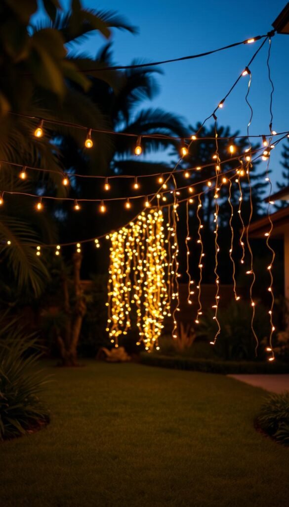 A lush, verdant backyard at dusk, adorned with a captivating display of warm, glowing string lights. The lights cascade gracefully from above, casting a soft, inviting ambiance across the scene. The background features a subtle, blurred silhouette of swaying trees and a tranquil evening sky, creating a sense of depth and serenity. In the foreground, a neatly trimmed lawn and well-tended garden beds add to the cozy, inviting atmosphere. The lighting is evenly distributed, with a natural, cinematic quality that draws the viewer's attention to the enchanting interplay of light and shadow. The overall mood is one of relaxation, comfort, and a touch of whimsy, perfectly capturing the essence of a cozy, illuminated backyard oasis.