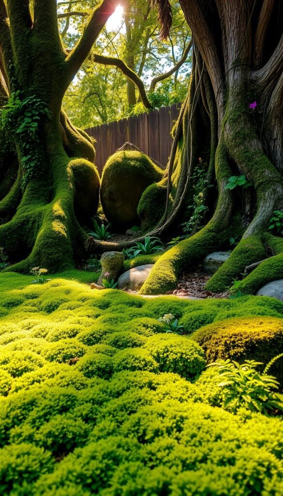 A lush, verdant backyard fairy garden, where plants and moss seamlessly integrate. In the foreground, a delicate carpet of emerald moss covers the ground, punctuated by vibrant ferns and delicate wildflowers. Towering over this natural tapestry, gnarled tree roots and mossy boulders create a sense of enchantment. Sunlight filters through the canopy above, casting a warm, golden glow that highlights the interplay of textures and the gradual transition from earth to foliage. Wispy tendrils of ivy cling to weathered wood, blending the boundaries between the manmade and the wild. An atmosphere of whimsy and tranquility pervades this serene, immersive scene.