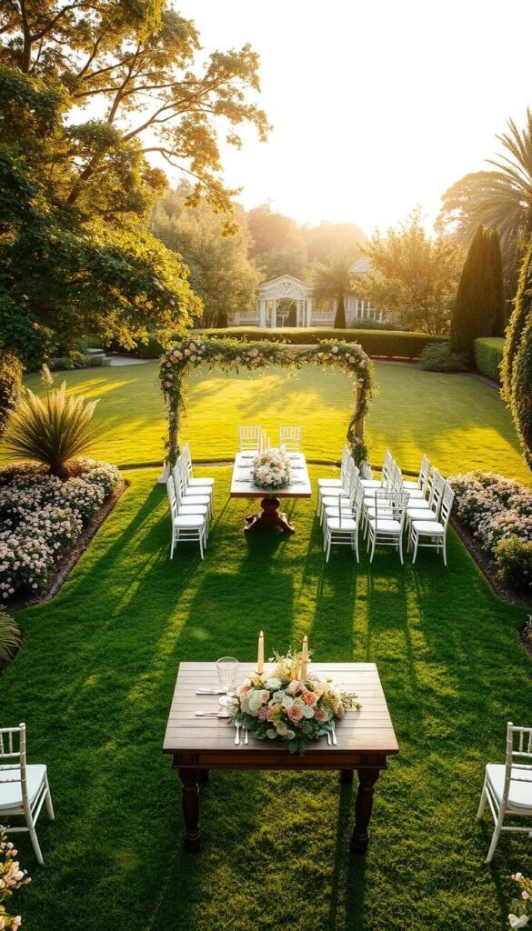 A lush, verdant backyard garden with a sprawling lawn, surrounded by blooming flower beds and verdant trees. In the foreground, a meticulously planned wedding layout is depicted, featuring an elegant arch adorned with cascading vines and delicate blossoms, flanked by rows of pristine white chairs arranged in a harmonious pattern. In the middle ground, a large wooden table is set with fine china, crystal glassware, and an abundance of fresh florals, creating a dreamy, intimate setting. The background is bathed in warm, golden sunlight, casting a soft, romantic glow over the entire scene, evoking a sense of tranquility and enchantment.