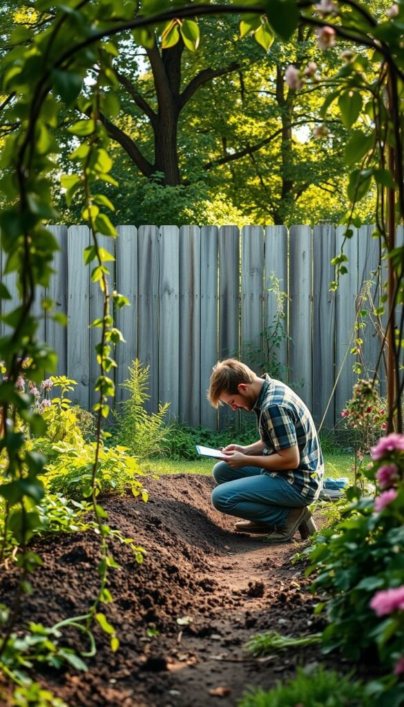 A lush, verdant backyard garden with a weathered wood fence in the background, sunlight filtering through the trees. In the foreground, a person kneeling on the ground, carefully examining soil samples and taking notes. Trailing vines and blooming flowers frame the scene, hinting at the potential for a vibrant, thriving garden. The overall atmosphere is one of contemplation and planning, with a sense of anticipation for the garden's future growth. The lighting is soft and natural, casting warm tones across the scene. A wide-angle lens captures the full scope of the garden space, allowing the viewer to envision the possibilities.