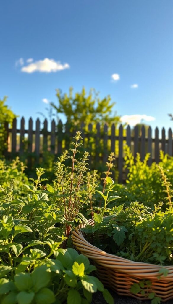 A lush, verdant backyard herb garden bathed in warm, golden afternoon sunlight. The foreground features a variety of thriving herb plants - fragrant basil, robust rosemary, vibrant oregano, and leafy parsley - growing in a well-tended raised bed. The middle ground showcases the garden's bountiful harvest, with freshly picked herbs arranged in a rustic wicker basket. In the background, a quaint wooden fence provides a charming backdrop, while a few wispy clouds drift lazily across a clear, azure sky. The overall scene exudes a sense of tranquility, abundance, and the joys of cultivating a nourishing home herb garden.
