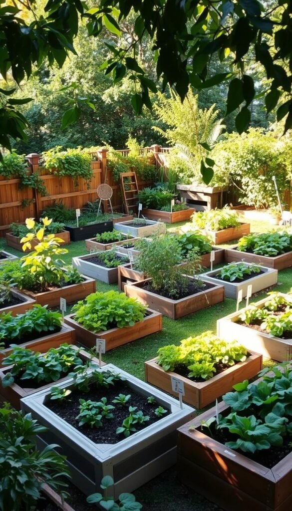 A lush, verdant backyard with a variety of custom raised garden beds, each tailored to maximize yield in limited space. The beds are arranged in an organized, aesthetically pleasing layout, with varied shapes, sizes, and materials - some rectangular, others L-shaped or circular, constructed from natural wood, stone, or metal. Warm, diffused sunlight filters through the scene, casting soft shadows and highlighting the vibrant, healthy plants thriving within the beds. The overall atmosphere is one of harmony, productivity, and a celebration of the joys of homegrown sustenance.