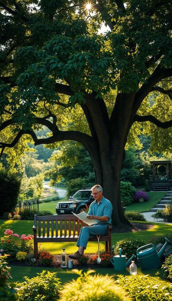A lush, verdant backyard with a wooden bench nestled under a towering oak tree. In the foreground, a gardener carefully examines a list, meticulously planning their outdoor priorities. Sunlight filters through the leaves, casting a warm, golden glow over the scene. In the middle ground, neatly arranged garden tools and a watering can suggest the practical tasks at hand. The background is filled with a vibrant array of flowering plants and a glimpse of a winding path, hinting at the broader landscape. The overall atmosphere is one of thoughtful contemplation and a sense of harmonious balance between nature and human endeavor.