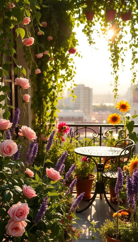 A lush, verdant balcony transformed into a vibrant oasis, bathed in warm afternoon sunlight filtering through trailing vines and cascading blooms. In the foreground, a variety of potted flowers and herbs in full bloom - delicate pink roses, fragrant lavender, and cheerful sunflowers. The middle ground features an ornate wrought-iron bistro set, beckoning for quiet moments of contemplation amidst the urban greenery. In the background, the cityscape recedes, creating a serene, secluded atmosphere. Soft, diffused lighting casts a golden glow, highlighting the textures and vibrant colors of the carefully curated garden. The overall scene conveys a sense of tranquility and harmony, a verdant escape from the bustling city.