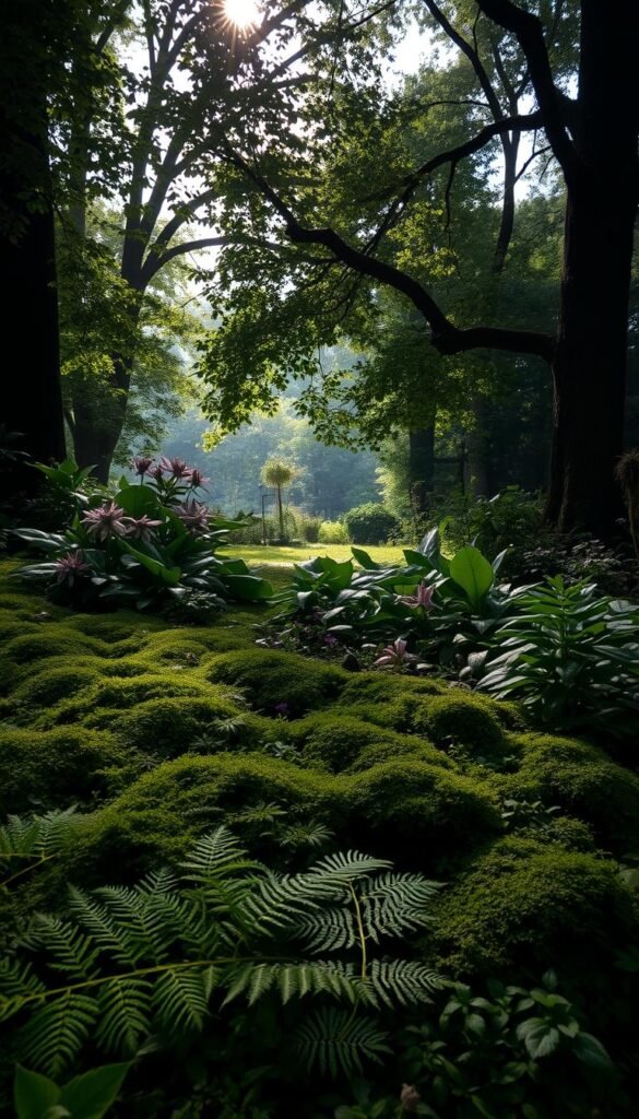 A lush, verdant carpet of shade-loving plants, their textured foliage gently illuminated by soft, diffused light filtering through a canopy of towering trees. In the foreground, delicate ferns and mosses add intricate patterns, while mid-ground hosts an array of broad-leafed perennials, their surfaces reflecting the tranquil ambiance. Deeper into the scene, the background blends into a dreamlike haze, hinting at the secrets and mysteries that dwell within this shaded sanctuary. A sense of peace and solitude pervades the image, inviting the viewer to step into this enchanting world of shade garden delights.