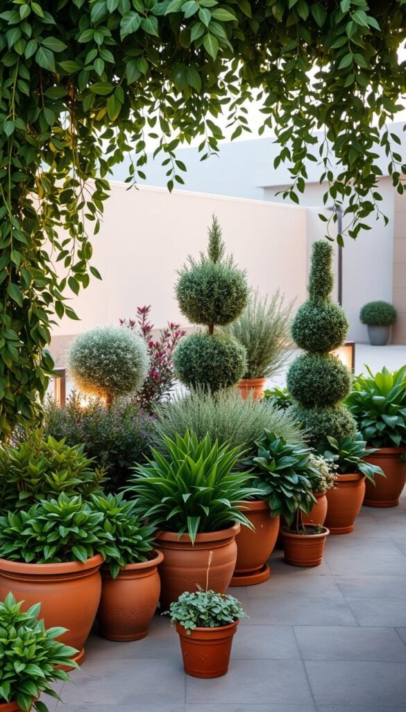 A lush, verdant composition of potted plants and artificial foliage cascading across a well-manicured outdoor space. In the foreground, an eclectic arrangement of terracotta pots and decorative planters overflowing with vibrant, lifelike greenery. The middle ground features a mix of artificial shrubs and faux topiaries, strategically placed to create depth and visual interest. Subtle, warm lighting casts a soft, natural glow, accentuating the textures and colors of the plants. The background showcases a seamless transition to a serene, minimalist landscape, emphasizing the versatility and low-maintenance appeal of this stylized, yet inviting scene.