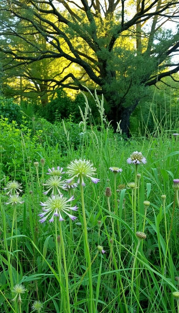 A lush, verdant ecosystem of native plants thriving in natural harmony. In the foreground, delicate wildflowers sway gently in a soft, diffused light, their petals catching the warm glow. The middle ground reveals a diverse tapestry of indigenous shrubs and grasses, each contributing to the intricate web of life. In the background, towering native trees cast dappled shadows, their branches providing shelter and sustenance for a variety of local wildlife. The overall scene radiates a sense of tranquility and balance, capturing the essence of a flourishing, low-impact local ecosystem.
