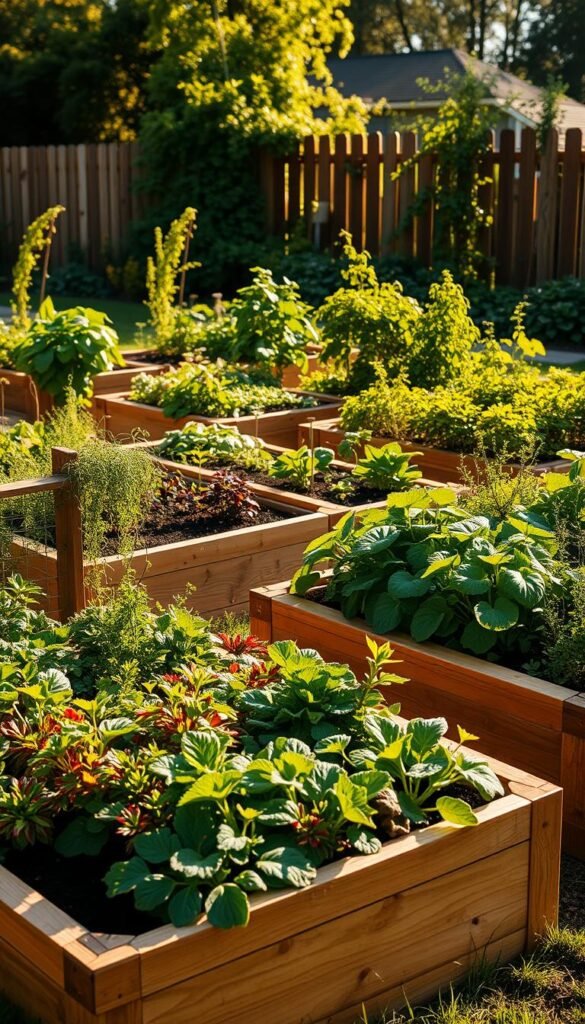 A lush, verdant edible garden design, showcasing a variety of raised garden beds and in-ground planting areas. The foreground features colorful, thriving vegetable plants and herbs in raised wooden planters, arranged in an aesthetically pleasing layout. The middle ground reveals a mix of in-ground garden beds with diverse leafy greens, root vegetables, and trailing vines. The background depicts a tranquil, sun-dappled setting, with a wooden fence or trellis providing a natural backdrop. Warm, golden lighting filters through the scene, creating a serene, inviting atmosphere. The overall composition highlights the versatility and visual appeal of edible garden design options, inviting the viewer to explore the possibilities for their own backyard oasis.