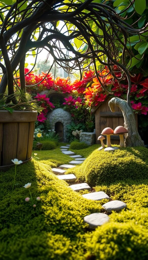 A lush, verdant fairy garden base, with a mossy, textured ground and delicate wildflowers peeking through. In the foreground, a weathered wooden planter overflows with cascading vines and petite mushrooms. Sunlight filters through the canopy of whimsical, twisted branches, casting a warm, magical glow. In the middle ground, a miniature stone path winds through the enchanting scene, leading the eye towards a hidden alcove. The background features a backdrop of vibrant, layered foliage, hinting at the enchanted world beyond. The overall atmosphere is one of tranquility and wonder, inviting the viewer to step into this fairytale oasis.