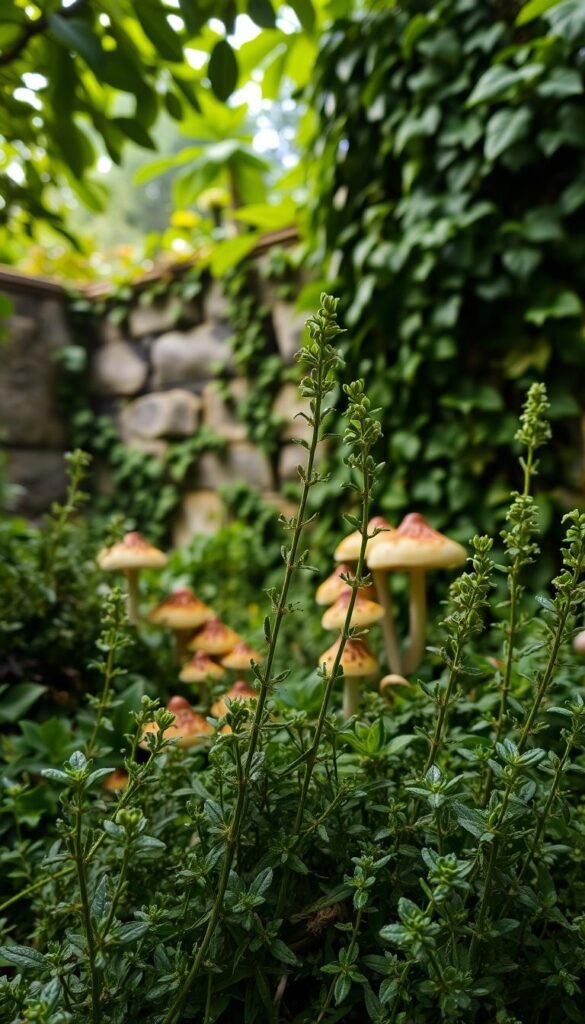 A lush, verdant fairy garden, where thyme flourishes amidst the enchanted undergrowth. In the foreground, delicate sprigs of thyme sway gently, their fragrant leaves sparkling with morning dew. The middle ground reveals a cluster of tiny, whimsical mushrooms, their caps adorned with intricate patterns. In the background, a weathered stone wall is draped in a tapestry of ivy, creating a sense of timeless enchantment. Soft, diffused lighting filters through the canopy of leaves, casting a warm, magical glow over the scene. The overall mood is one of tranquility and wonder, inviting the viewer to step into a realm of fairy folklore and ancient herbal traditions.