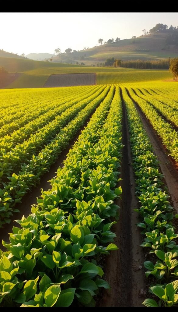 A lush, verdant field stretches out before the viewer, divided into distinct quadrants by neatly tilled soil. In the foreground, vibrant rows of various crops sway gently in the warm, golden sunlight, their leaves rustling softly. The middle ground showcases a rotating cycle of different plants, each section in a different stage of growth, reflecting the strategic multi-year rotation plan. In the background, a rolling hillside dotted with trees provides a serene backdrop, the entire scene bathed in a soft, natural light that casts long, dramatic shadows across the landscape. The overall atmosphere conveys a sense of harmony, sustainability, and the careful stewardship of the land.