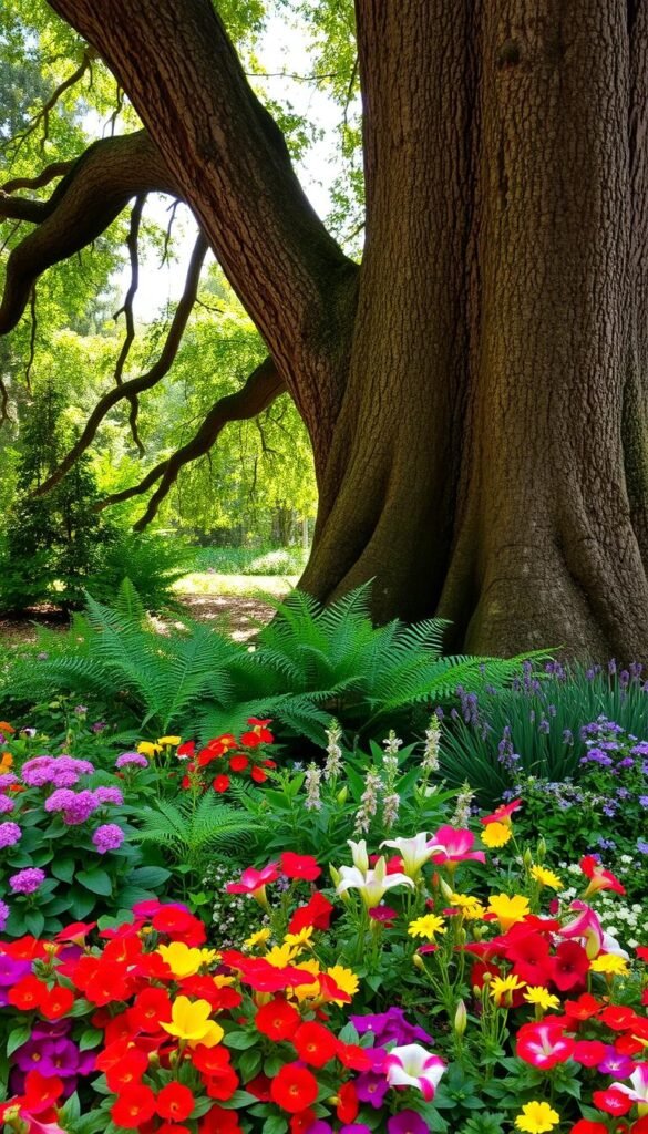 A lush, verdant flower bed nestled at the base of a towering, majestic tree. The foreground is a tapestry of vibrant blooms, including colorful annuals and perennials such as impatiens, petunias, and daylilies, their petals swaying gently in a soft breeze. The middle ground features a mix of leafy ferns and delicate wildflowers, creating a naturalistic, woodland-inspired setting. In the background, the tree's sturdy trunk and branches cast a warm, dappled light over the scene, providing a natural canopy and adding depth and dimension. The overall composition conveys a sense of harmony between the planted elements and the tree's natural beauty, inviting the viewer to step into this enchanting, organic oasis.