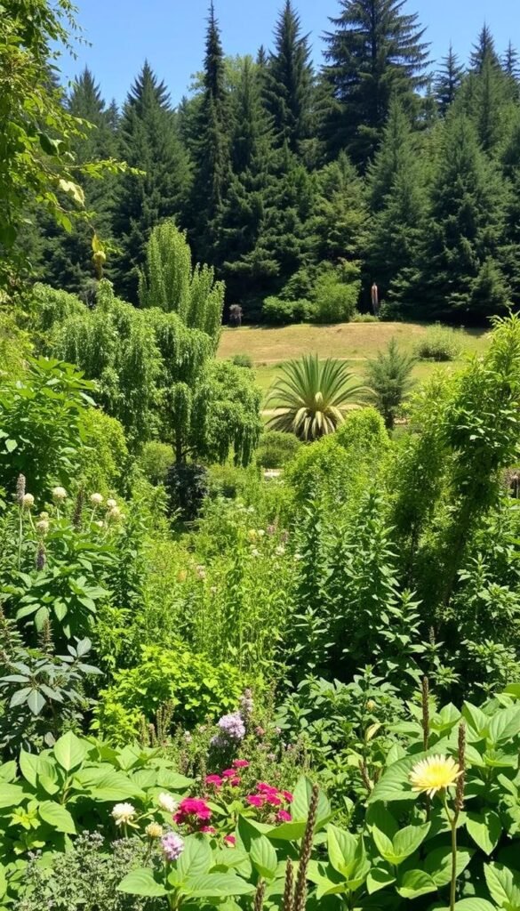 A lush, verdant food forest in natural light, with a diverse canopy of tall trees, mid-level shrubs, and ground-covering plants. The foreground showcases an array of edible herbs, vegetables, and flowers in a layered, symbiotic arrangement. The middle ground features fruit-bearing trees and berry bushes, their branches heavy with ripe produce. In the background, a gentle sloping terrain is dotted with towering evergreens, casting dappled shadows on the scene. The overall atmosphere is one of abundance, harmony, and self-sustaining productivity, perfectly capturing the essence of a permaculture-inspired food forest.