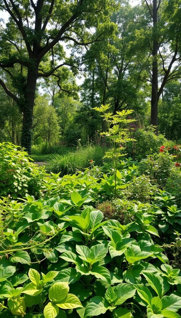 A lush, verdant food forest in soft, natural lighting. The foreground features a diversity of edible plants - leafy greens, vibrant vegetables, and sprawling vines. The middle ground showcases tall, fruiting trees casting dappled shadows, while the background reveals a tangle of understory shrubs and herbaceous plants. The scene exudes an atmosphere of abundance, harmony, and self-sustaining potential. Captured through a wide-angle lens, the image conveys the multi-layered, interconnected nature of this regenerative garden ecosystem.