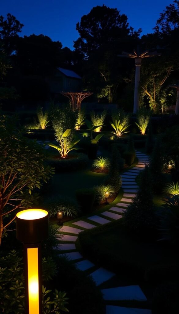 A lush, verdant garden at dusk, bathed in a harmonious layered lighting design. In the foreground, elegant floor lamps cast a warm, inviting glow, guiding the eye deeper into the space. Strategically placed path lights line the winding walkways, creating a mesmerizing play of light and shadow. In the middle ground, uplights illuminate the sculptural foliage, casting dramatic shadows that dance across the landscape. In the background, subtle spotlights highlight the architectural features of the garden, adding depth and dimension to the scene. The overall effect is a serene, enchanting atmosphere, where natural and artificial light merge seamlessly to transform the space into a nighttime oasis.