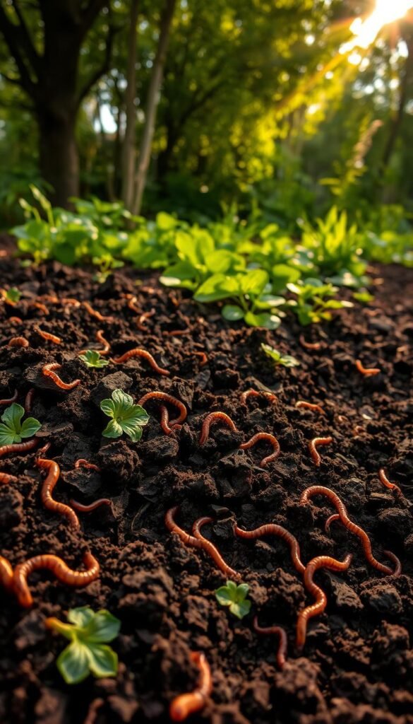 A lush, verdant garden bed filled with rich, dark soil, teeming with decomposing organic matter. In the foreground, earthworms and microorganisms visibly aerate and enrich the earth, creating a healthy, spongy texture. Mid-ground showcases vibrant green plants and vegetables thriving in the nutrient-dense soil. The background features a sun-dappled woodland, casting a warm, golden glow over the scene. Lighting is soft and diffused, highlighting the earthy tones and natural textures. Composition is balanced, drawing the eye through the layers of the garden ecosystem. An image that celebrates the unseen but vital benefits of organic matter for soil health and moisture retention.