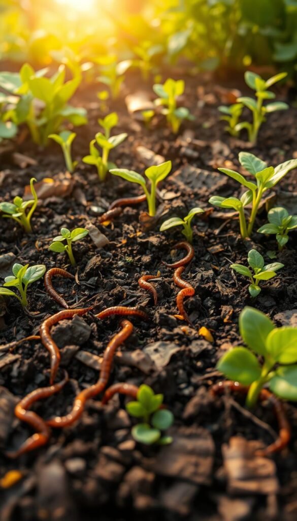 A lush, verdant garden bed, its soil teeming with life. In the foreground, earthworms burrow through the dark, nutrient-rich earth, aerating and enriching the soil. Decaying organic matter, from fallen leaves and compost, nourishes the microbiome, improving soil structure and water retention. Vibrant green plants sprout from the earth, their roots reaching deep into the fertile ground. Warm, golden sunlight filters through the canopy, casting a natural glow over the scene. The overall atmosphere conveys the benefits of building healthy, living soil - the foundation for a thriving, sustainable garden.