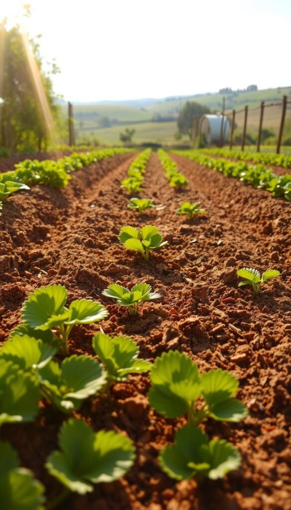 A lush, verdant garden bed prepared for growing vibrant strawberries. In the foreground, the rich, loamy soil has been meticulously tilled and amended with organic compost, creating a nutrient-dense foundation. Rays of warm, golden sunlight filter through the scene, casting a soft, inviting glow. In the middle ground, neatly spaced furrows wait patiently for the delicate strawberry plants to be carefully planted, their green leaves and ripe red berries soon to emerge. The background features a picturesque rural landscape, with rolling hills and a distant blue sky, hinting at the idyllic setting for this thriving organic strawberry garden.
