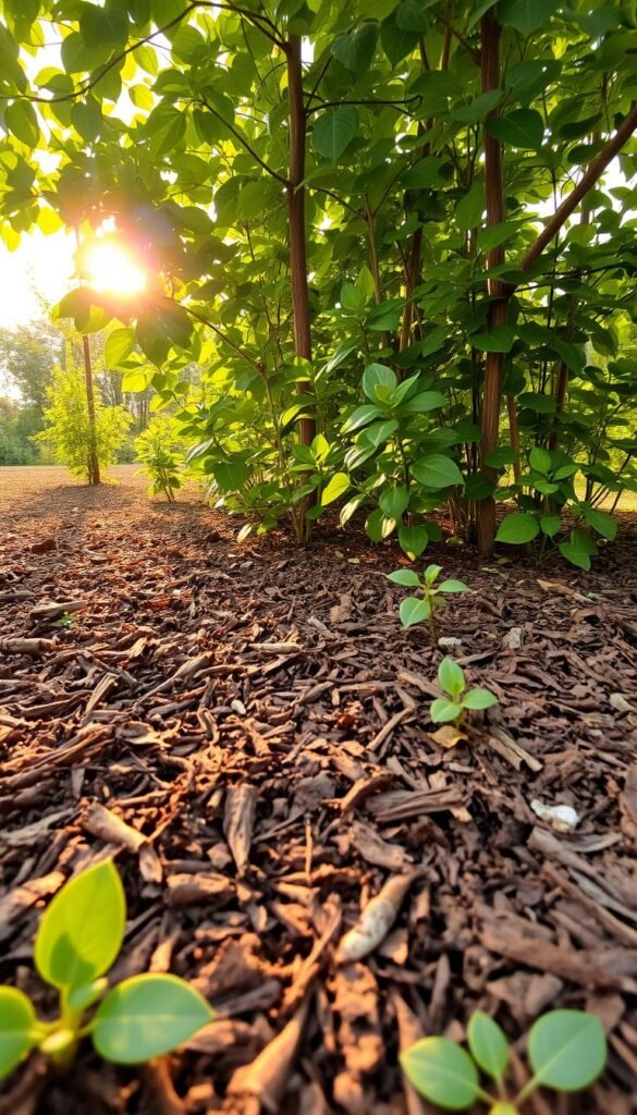 A lush, verdant garden bed with a thick layer of mulch covering the soil. The mulch, composed of shredded bark and decaying leaves, creates a protective barrier that retains moisture and suppresses weed growth. Warm, golden sunlight filters through the canopy of leafy plants, casting gentle shadows across the mulch. The scene conveys a sense of tranquility and eco-friendly water conservation, with the mulch visibly reducing surface evaporation and preserving soil moisture for the thriving plants. Captured with a wide-angle lens to showcase the expansive garden, the image emphasizes the importance of mulching in creating a sustainable, water-efficient eco-garden.