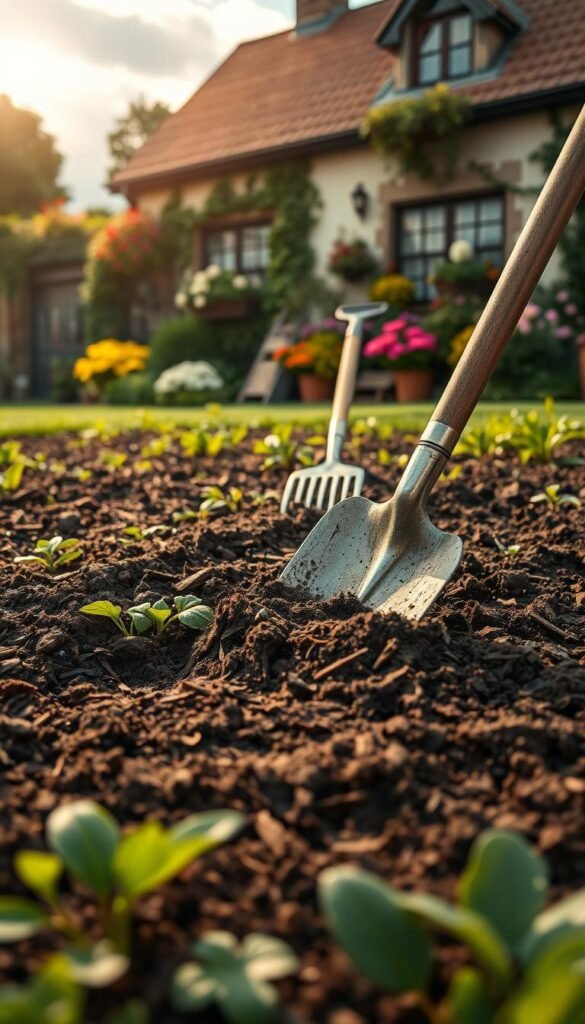 A lush, verdant garden bed with freshly tilled soil, ready for planting. The foreground showcases a shovel gently turning over the rich, dark earth, revealing the fertile loam beneath. In the middle ground, gardening tools - a rake, hoe, and trowel - are neatly arranged, suggesting the care and attention that will be lavished on this burgeoning plot. The background features a picturesque cottage, its charming architecture and overflowing flower beds hinting at the delights to come. Soft, golden light filters through wispy clouds, casting a warm, inviting glow over the entire scene. This is the perfect canvas for a rambling, whimsical cottage garden, full of life, color, and the promise of bountiful harvests.