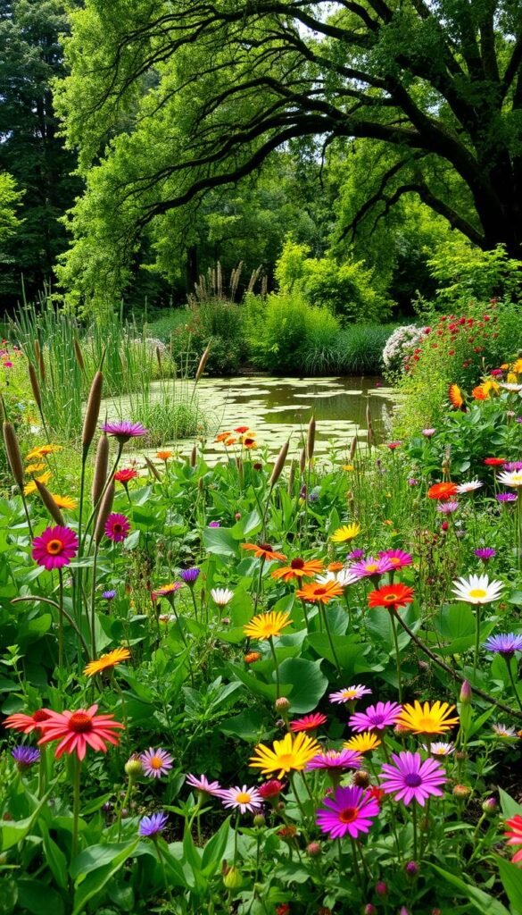 A lush, verdant garden bursting with diverse flora and fauna. In the foreground, a thriving vegetable patch with vibrant, organically grown produce. Surrounding it, a riot of colorful wildflowers and native plants, each providing a vital habitat for pollinating insects and small wildlife. In the middle ground, a tranquil pond fringed with cattails and water lilies, where dragonflies dart and frogs leap. The background features a shady canopy of mature trees, their branches creating a dappled, sun-dappled effect. The overall scene radiates a sense of harmonious coexistence, reflecting the delicate balance of a sustainable, eco-friendly garden.