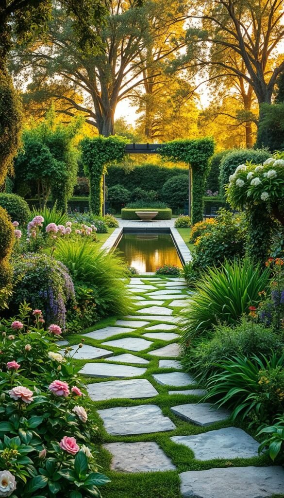 A lush, verdant garden evolving through the ages, showcasing the transformation of outdoor living into a personal sanctuary. In the foreground, ancient stone pathways wind through cascading flowers and vibrant foliage, hinting at the timeless beauty of nature's artistry. The middle ground features a serene reflecting pool, its glassy surface mirroring the graceful arches of a pergola above, suggesting the harmonious blending of architecture and landscape. In the distance, the background reveals a progression of garden design, from the formal symmetry of Renaissance-inspired layouts to the organic, naturalistic compositions of modern times, all illuminated by warm, golden sunlight filtering through the canopy of towering trees.