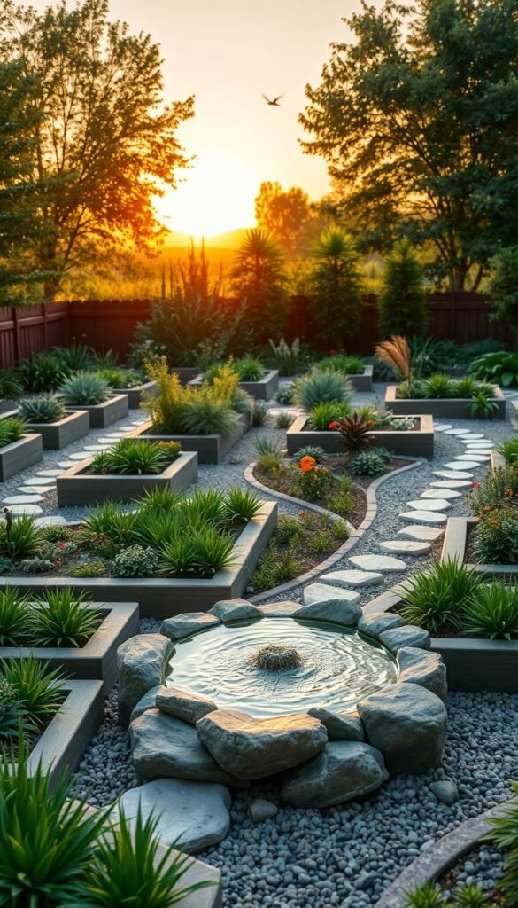 A lush, verdant garden featuring a carefully designed water-efficient irrigation system. In the foreground, a series of neatly arranged raised planter beds brimming with thriving, drought-resistant plants. A central focal point is a sleek, modern water feature, its gentle flow cascading over smooth river rocks. Surrounding the beds, a network of narrow walkways and gravel paths encourage minimal water usage. In the middle ground, a variety of native flora and fauna coexist harmoniously, including buzzing pollinators and darting birds. The background depicts a warm, golden-hued sunset, casting a soft, natural glow over the entire scene. The overall composition conveys a sense of balance, sustainability, and a harmonious integration of human and natural elements.