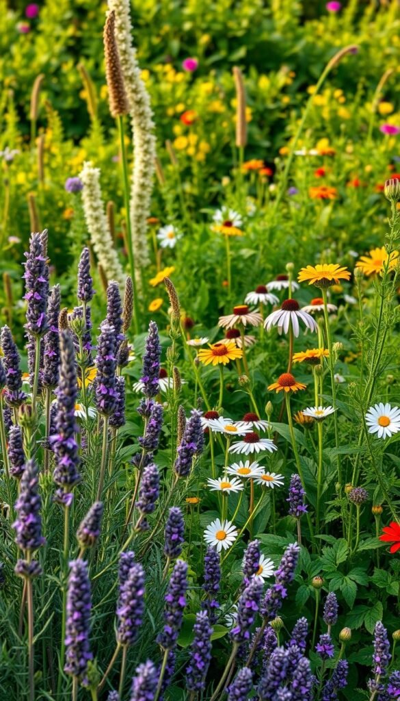 A lush, verdant garden filled with a vibrant array of medicinal herbs and their companion plants. In the foreground, a mix of fragrant lavender, rosemary, and chamomile stand tall, their delicate blooms swaying gently in the soft, diffused sunlight. In the middle ground, clusters of leafy comfrey, echinacea, and calendula intermingle, their healing properties complementing each other. In the background, a backdrop of thriving, leafy green shrubs and vines, like sage, thyme, and nasturtiums, creates a natural, harmonious scene. The entire composition is bathed in a warm, golden glow, evoking a sense of tranquility and the nourishing power of nature. Captured with a wide-angle lens, the image conveys the beauty and symbiotic relationship of these medicinal companion plants.