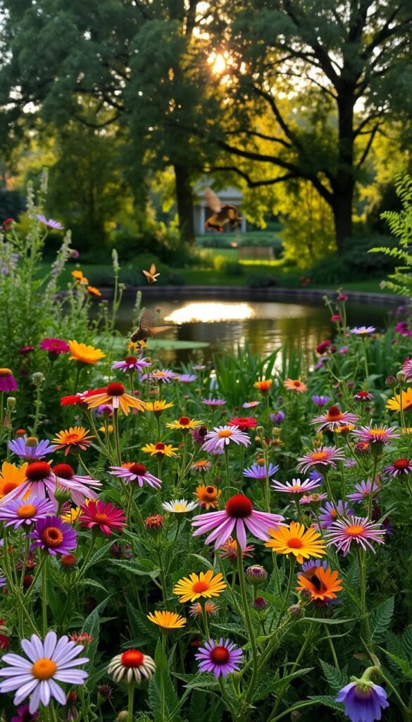 A lush, verdant garden filled with a vibrant array of native plant varieties that attract a diverse range of pollinators. In the foreground, clusters of colorful wildflowers bloom, their petals swaying gently in a soft breeze. A gentle ray of warm sunlight filters through the canopy of trees in the middle ground, casting a warm, golden glow over the scene. In the background, a serene pond reflects the surrounding foliage, creating a tranquil and inviting atmosphere. Bees, butterflies, and hummingbirds flit among the blooms, their movements capturing the essence of a thriving pollinator haven.