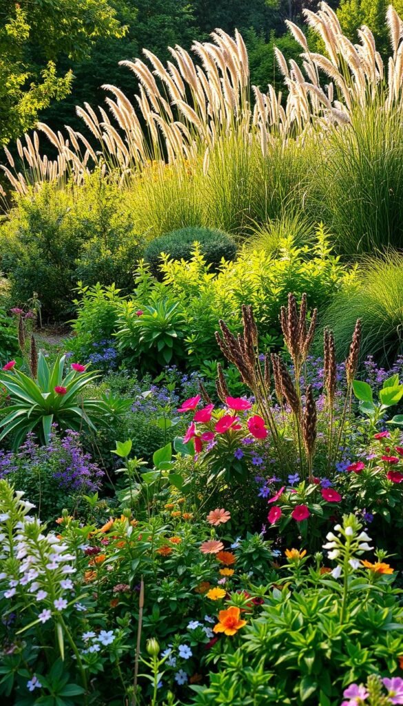 A lush, verdant garden filled with a vibrant array of native plants, strategically arranged to promote biodiversity and low-impact practices. The foreground showcases a variety of flowering perennials and ground covers, their delicate petals and foliage dancing in the gentle breeze. The middle ground features clusters of native shrubs and small trees, their canopies providing dappled shade and creating a sense of depth. In the background, a mix of tall, stately native grasses sway gracefully, complementing the overall natural aesthetic. The scene is illuminated by warm, soft lighting, casting a serene, almost ethereal glow over the entire landscape. The composition is balanced, with elements of color, texture, and height creating a visually compelling and ecologically mindful design.