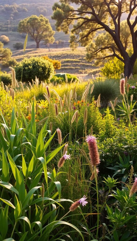 A lush, verdant garden filled with diverse native plants, bathed in warm, golden afternoon light. In the foreground, a carefully curated arrangement of indigenous flora, their vibrant leaves and delicate flowers swaying gently in a soft breeze. The midground features a mix of tall grasses, ground covers, and shrubs, all thriving in their natural habitat. In the background, a rolling landscape dotted with mature native trees, their branches casting dynamic shadows across the scene. The composition emphasizes the harmonious integration of these sustainable, low-maintenance planting techniques, creating a visually captivating and ecologically responsible garden design.