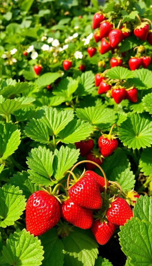 A lush, verdant garden filled with various strawberry varieties, their vibrant red fruits ripe and ready for harvest. In the foreground, a close-up view of a Junebearing strawberry plant, its leaves a deep, healthy green and its plump berries glistening in the warm sunlight. In the middle ground, an Everbearing plant with its continuous bloom of delicate white flowers and clusters of berries in different stages of ripeness. Further back, a Day-Neutral variety, its leaves a lighter shade of green, bearing a bountiful crop of evenly-sized, deep red strawberries. The scene is captured with a shallow depth of field, emphasizing the textures and colors of the plants and their seasonal progression. A sense of abundance and the promise of a flavorful organic harvest is conveyed through this harmonious composition.