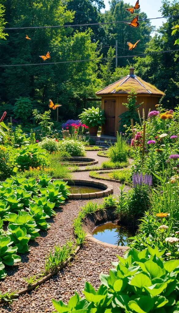 A lush, verdant garden filled with vibrant native plants, thriving under the warm glow of natural sunlight. In the foreground, a neatly arranged vegetable patch with rows of leafy greens and colorful produce. Winding paths of crushed stone lead through the middle ground, where a small pond reflects the surrounding foliage. In the background, a charming wooden shed with a living roof, blending seamlessly with the landscape. Bees and butterflies flutter amidst the blooming flowers, creating a serene, eco-friendly oasis. The overall scene exudes a sense of harmony and balance, showcasing the principles of sustainable garden design.