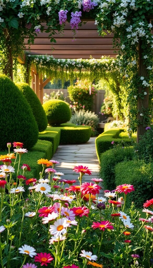 A lush, verdant garden in the afternoon sun, with a harmonious blend of colorful blooms and lush foliage. In the foreground, a vibrant array of perennial flowers, their petals gently swaying in a soft breeze. In the middle ground, sculpted hedges and neatly trimmed shrubs frame a meandering stone path, inviting visitors to explore. The background features a wooden pergola, draped with cascading vines and trailing flowers, casting dappled shadows across the scene. The lighting is warm and natural, accentuating the rich textures and hues of the garden. A sense of tranquility and balance permeates the atmosphere, creating a visually captivating and serene backyard oasis.