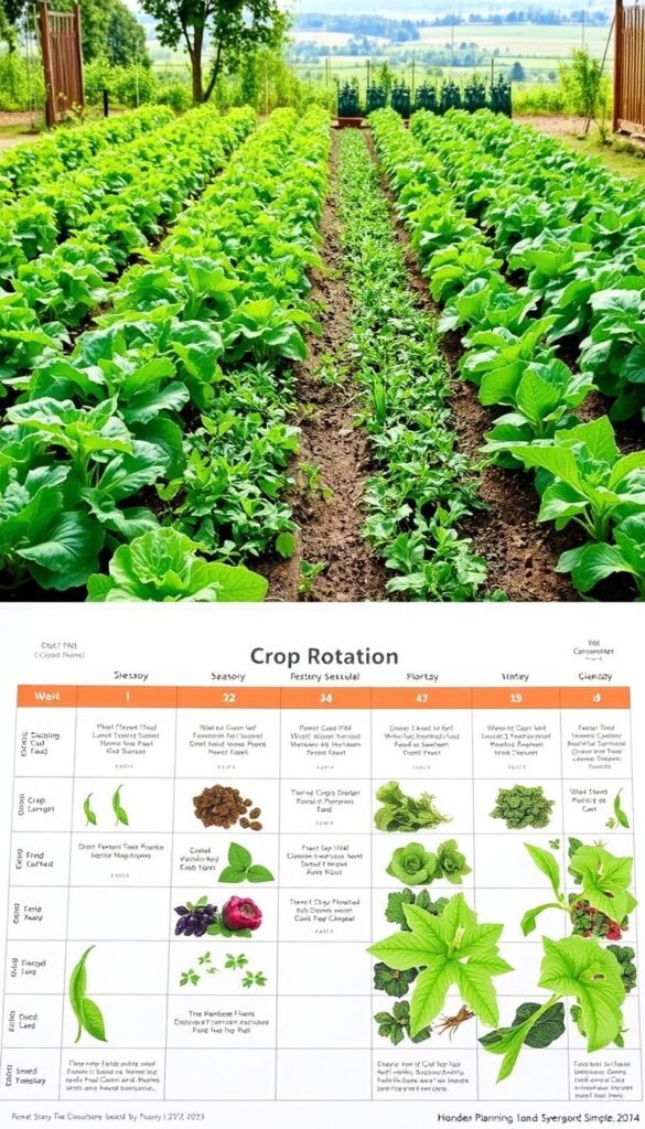 A lush, verdant garden laid out in a grid, with rows of various crops meticulously arranged. The foreground showcases a detailed crop rotation schedule, with symbols and icons clearly delineating different planting seasons and crop cycles. The middle ground features healthy, thriving plants at different stages of growth, their leaves gently swaying in the soft, diffused sunlight. The background is a scenic landscape, perhaps a pastoral countryside or a serene backyard, adding depth and context to the scene. The overall composition conveys a sense of order, harmony, and the rhythmic cycle of nature, perfectly capturing the essence of "Garden Planning Made Simple: Seasonal Crop Rotation and Scheduling".