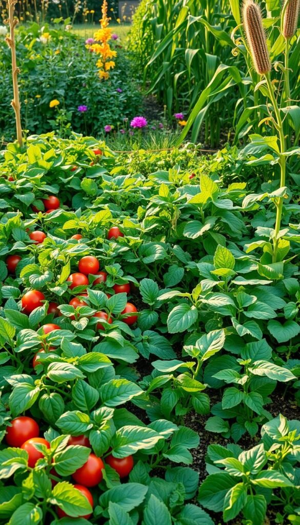 A lush, verdant garden layout showcasing the harmonious interplay of diverse vegetable companions. In the foreground, rows of leafy greens, vibrant tomatoes, and fragrant herbs intermingle, creating a tapestry of textures and colors. The middle ground features trailing vines of cucumbers and squash, their leaves casting delicate shadows. In the background, a mix of flowering plants and tall stalks of corn provide a natural backdrop, enhancing the sense of balance and abundance. Warm, diffused sunlight filters through the foliage, casting a golden glow and accentuating the organic, thriving nature of this intercropping design. The scene exudes a sense of symbiosis, where each plant supports and complements the others, resulting in a visually striking and bountiful vegetable garden.