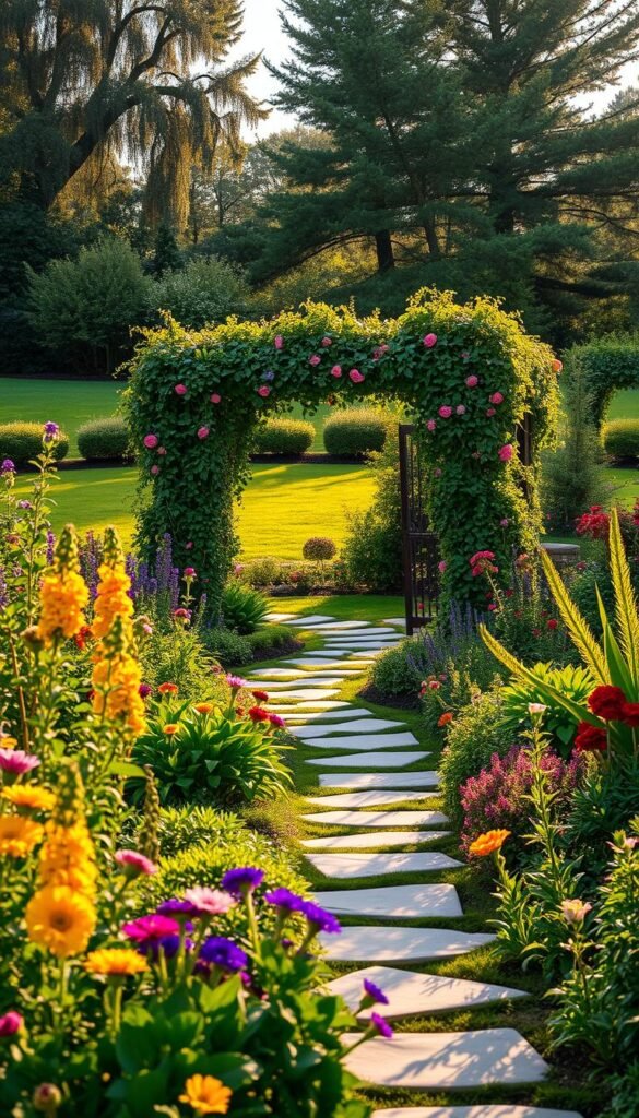 A lush, verdant garden oasis, bathed in warm, golden afternoon light. In the foreground, a vibrant array of colorful flowers and thriving herbs, carefully tended and arranged for maximum visual appeal. A meandering stone path leads the eye deeper into the scene, revealing a charming gazebo or pergola draped in cascading vines and climbing roses. In the background, a well-manicured lawn frames the garden, with a mix of mature trees and shrubs providing a natural, serene backdrop. The overall atmosphere evokes a sense of tranquility, inviting the viewer to imagine themselves relaxing and enjoying this idyllic outdoor space. A lush, verdant garden oasis, bathed in warm, golden afternoon light. In the foreground, a vibrant array of colorful flowers and thriving herbs, carefully tended and arranged for maximum visual appeal. A meandering stone path leads the eye deeper into the scene, revealing a charming gazebo or pergola draped in cascading vines and climbing roses. In the background, a well-manicured lawn frames the garden, with a mix of mature trees and shrubs providing a natural, serene backdrop. The overall atmosphere evokes a sense of tranquility, inviting the viewer to imagine themselves relaxing and enjoying this idyllic outdoor space.