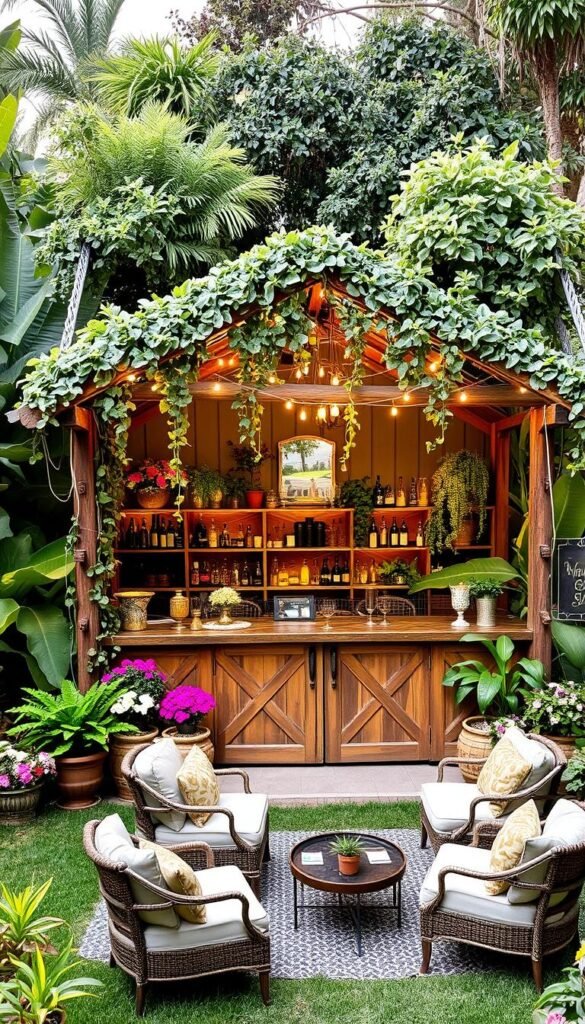 A lush, verdant garden oasis serves as the backdrop for a charming, themed cocktail bar. The bar itself is crafted from weathered wood and wrought iron, adorned with cascading vines and delicate string lights that cast a warm, inviting glow. Clusters of potted plants and flowers flank the bar, their vibrant hues complementing the earthy tones of the rustic decor. A handful of small, intimate seating areas are scattered throughout, each featuring plush, cushioned furniture and complementary accent pieces. The overall atmosphere evokes a sense of tranquility and refined elegance, perfect for an unforgettable outdoor celebration.