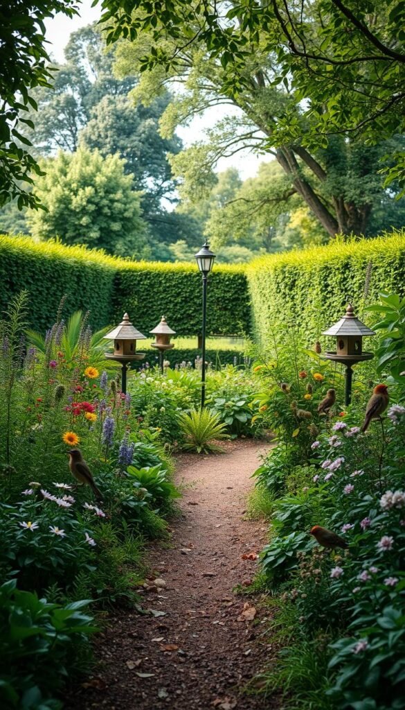 A lush, verdant garden oasis unfolds, showcasing the harmonious integration of human-designed spaces and natural wildlife habitats. In the foreground, a meandering path leads the viewer through a tapestry of native plants, their vibrant foliage and delicate flowers creating a welcoming environment for pollinators and small creatures. Scattered throughout the middle ground, strategically placed bird feeders, insect hotels, and water sources invite diverse species to take refuge and thrive. In the background, dense hedgerows and towering trees form a protective canopy, providing vital corridors for larger wildlife to move safely between neighboring ecosystems. Soft, diffused lighting filters through the canopy, casting a warm, inviting glow and emphasizing the organic textures and vibrant colors of this carefully curated wildlife-friendly haven.